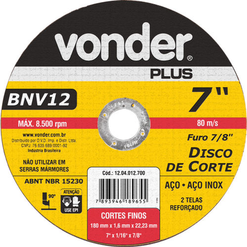 Disco de corte para metal e inox 180 x 1,6 x 22,23 mm - BNV12 Disco de corte para metal e inox 180 x 1,6 x 22,23 mm - BNV12