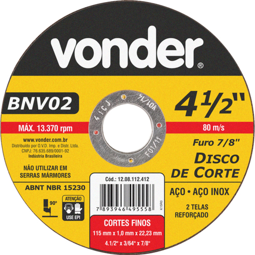 Disco de corte para metal e inox 115 x 1,0 x 22,23 mm - BNV 02 Disco de corte para metal e inox 115 x 1,0 x 22,23 mm - BNV 02