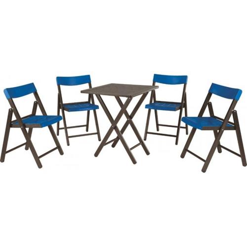 Conjunto com 1 mesa e 4 cadeiras de madeira tabaco e plástico azul - POTENZA Conjunto com 1 mesa e 4 cadeiras de madeira tabaco e plástico azul - POTENZA