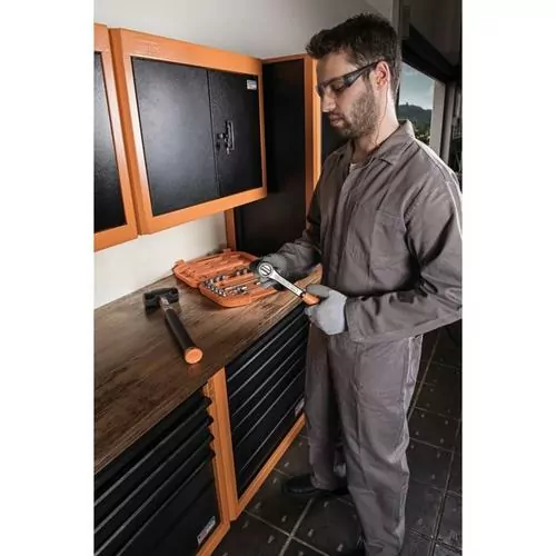 Armário para ferramentas 1 porta com visor + 29 gavetas plásticas laranja
