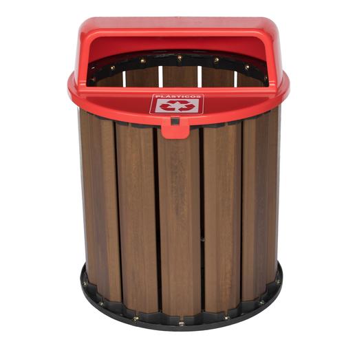 Lixeira para coleta seletiva em madeira pl�stica 94L tampa vermelha