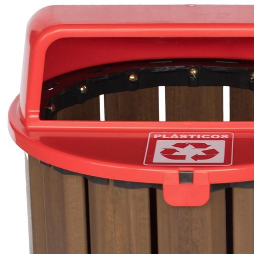 Lixeira para coleta seletiva em madeira pl�stica 94L tampa vermelha