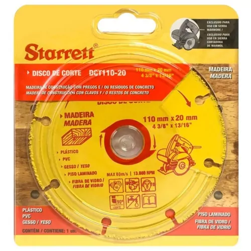 Disco de corte para madeira em tungstênio 110 x 20 mm