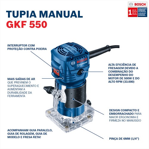 Tupia manual 550 watts com pina de 6 mm e 1/4