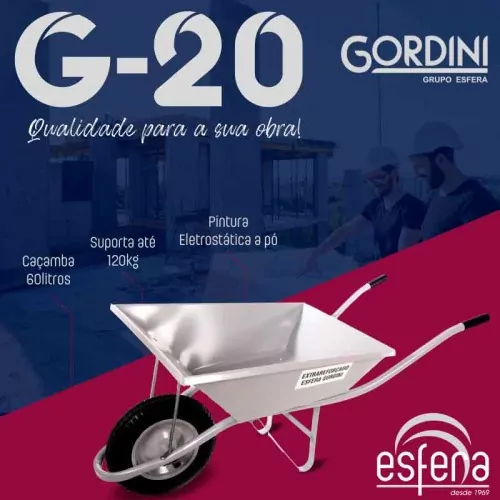 Carrinho de mão extra forte caçamba metálica 60L Gordini G-20