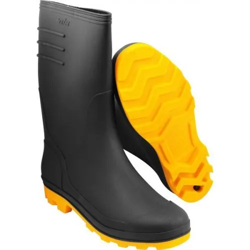 Bota de PVC preta com solado amarelo cano médio com forro