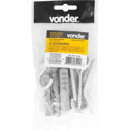 Gancho 4,8 x 70 mm com bucha de nylon 10 mm G-10 c/ 6 peças