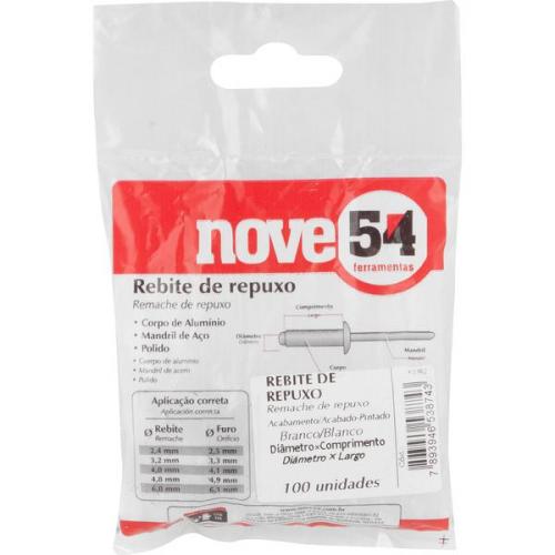 Rebite de repuxo 4,0 mm x 10 mm branco com 100 pe�as
