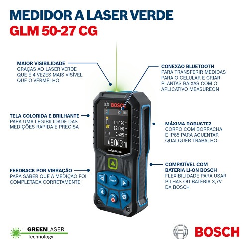 Trena a laser Verde leitura até 50 metros com Bluetooth - GLM 50-27 CG Trena a laser Verde leitura até 50 metros com Bluetooth - GLM 50-27 CG