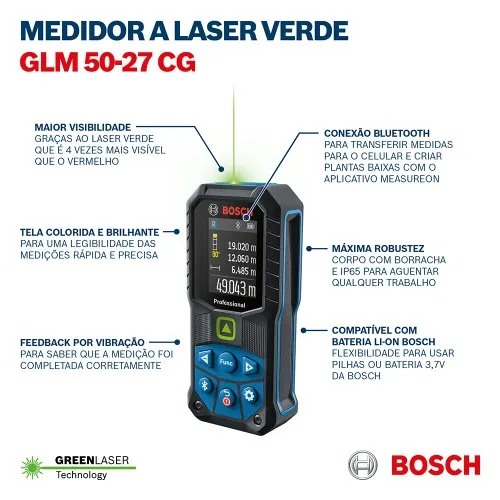 Trena a laser Verde leitura até 50 metros com Bluetooth - GLM 50-27 CG