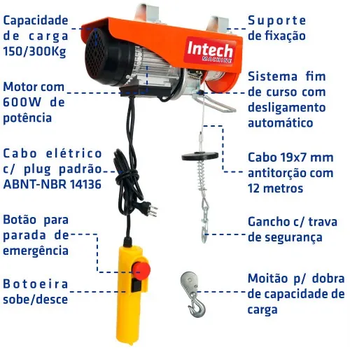Guincho talha elétrica 150/300 kg elevação até 12 m - ELEV300  220V