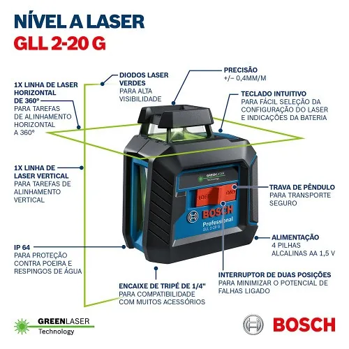 Nível a laser com 2 linhas verdes 360° alcance 10 metros - GLL 2-20 G
