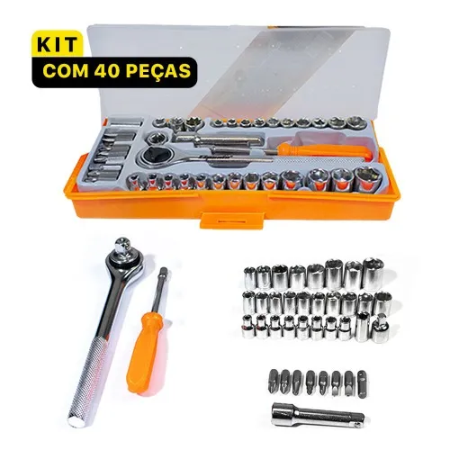 Jogo de bits e soquetes com chave catraca 40 peças