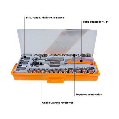 Jogo de bits e soquetes com chave catraca 40 peas