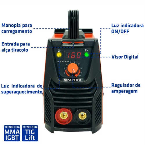 Inversora de solda painel digital 160A para eletrodo revestido e Tig - SMI160  220V Inversora de solda painel digital 160A para eletrodo revestido e Tig - SMI160  220V