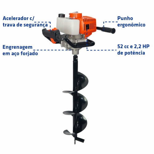Perfurador de solo a gasolina 52 cc com broca 80 x 20 cm - GROUND5200