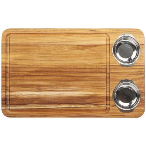 Tábua de madeira para churrasco com 2 potes em inox 48 x 30 cm Tábua de madeira para churrasco com 2 potes em inox 48 x 30 cm