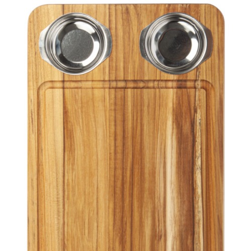 Tábua de madeira para churrasco com 2 potes em inox 48 x 30 cm Tábua de madeira para churrasco com 2 potes em inox 48 x 30 cm