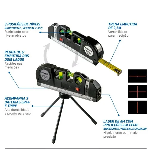Nível a laser alcance de 6 metros com trena e tripé - NL6 