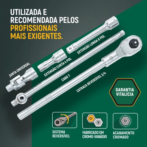 Jogo de soquete estriado 30 a 60 mm encaixe 3/4 Jogo de soquete estriado 30 a 60 mm encaixe 3/4