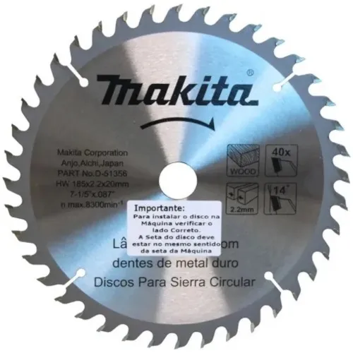 Disco de Serra Madeira 185 x 20 mm 40 Dentes D-51356 - Makita