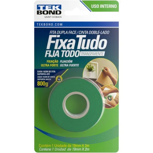 Fita dupla face acrílica 19 mm x 2 m uso interno - Fixa Tudo