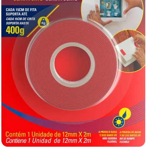Fita dupla face acrílica 12 mm x 2 m uso externo - Fixa Tudo