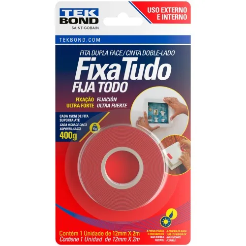 Fita dupla face acrílica 12 mm x 2 m uso externo - Fixa Tudo
