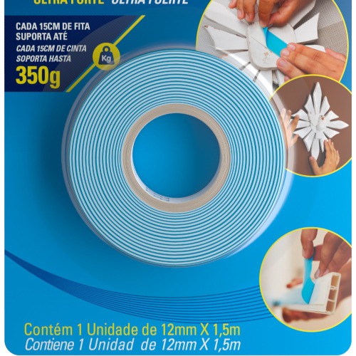Fita dupla face espuma 12 mm x 1,5 m - Fixa Tudo