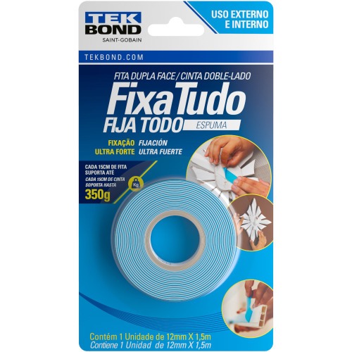Fita dupla face espuma 12 mm x 1,5 m - Fixa Tudo