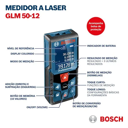 Trena a laser com leitura até 50 metros tela colorida - GLM 50-12