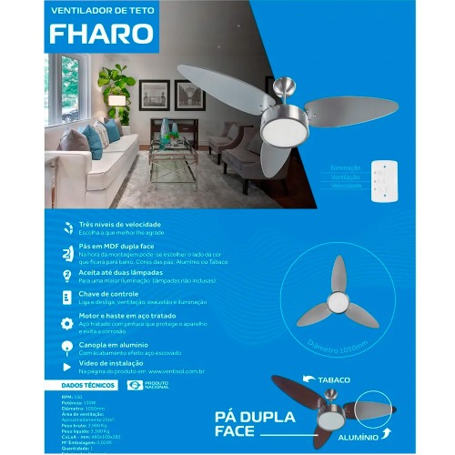 Ventilador de teto 3 pás em mdf dupla face - Fharo  220V Ventilador de teto 3 pás em mdf dupla face - Fharo  220V
