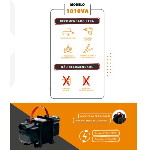 Transformador de voltagem 1010VA tomada tripolar 10A bivolt - Tecno  110V/220V