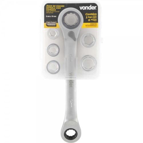 Chave estrela com catraca e 5 soquetes intercambiáveis 8 a 19 mm Chave estrela com catraca e 5 soquetes intercambiáveis 8 a 19 mm