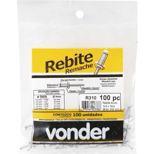 Rebite de repuxo 3,2 x 10 mm embalagem com 100 peças - VD310 Rebite de repuxo 3,2 x 10 mm embalagem com 100 peças - VD310