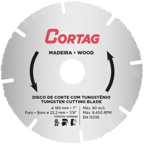 Disco de corte para madeira em tungstênio 180 x 22,2 mm - 60649