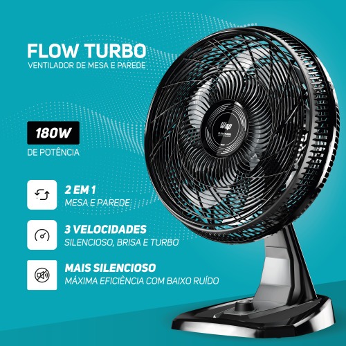 Ventilador de mesa e parede silencioso 50 cm 8 pás 3 velocidades - Flow Turbo  220V Ventilador de mesa e parede silencioso 50 cm 8 pás 3 velocidades - Flow Turbo  220V