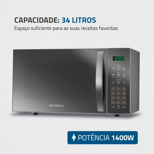 Micro-ondas 34 litros 1400W espelhado 10 níveis de potência- MO-02-34-E  220V Micro-ondas 34 litros 1400W espelhado 10 níveis de potência- MO-02-34-E  220V