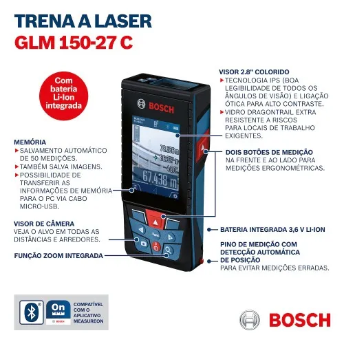 Trena a laser com leitura até 150 metros com Bluetooth - GLM 150-27 C