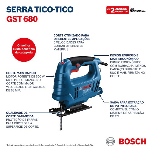 Serra tico tico 500 watts capacidade de corte 68 mm com velocidade variável - GST 680  110V Serra tico tico 500 watts capacidade de corte 68 mm com velocidade variável - GST 680  110V