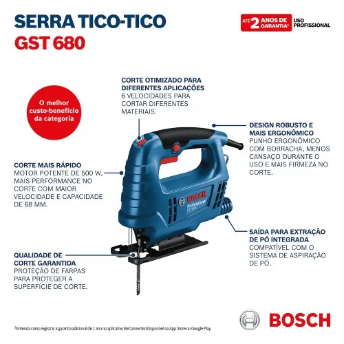 Serra tico tico 500 watts capacidade de corte 68 mm com velocidade variável - GST 680  110V