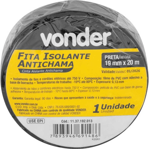 Fita isolante preta 19 mm x 20 m com 10 unidades