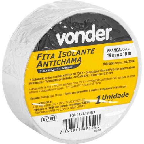 Fita isolante branca 19 mm x 10 m com 10 unidades Fita isolante branca 19 mm x 10 m com 10 unidades