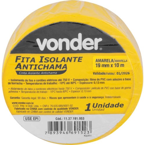 Fita isolante amarela 19 mm x 10 m com 10 unidades Fita isolante amarela 19 mm x 10 m com 10 unidades