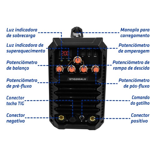Inversora de solda multiprocesso 200A para Eletrodo revestido E Tig AC/DC - STIG200ALU  220V