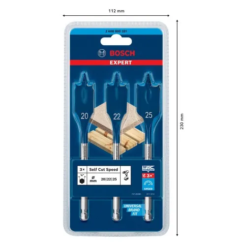 Jogo de broca chata para madeira 20 a 25 mm com 3 peças - Expert Self Cut Speed