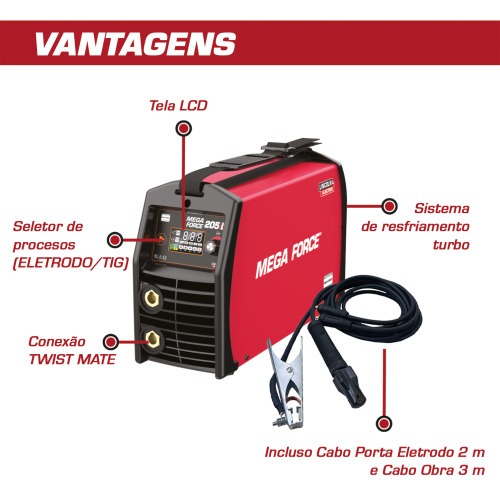 Inversora de solda 200A display Led para Eletrodo e Tig - Mega Force 205iD  110V/220V