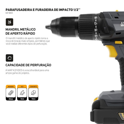Combo Furadeira Parafusadeira de impacto K21 ID03 + Chave de impacto K21 CH01 21V - K21 KT01 110V/220V Combo Furadeira Parafusadeira de impacto K21 ID03 + Chave de impacto K21 CH01 21V - K21 KT01 110V/220V