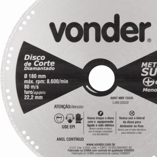 Disco diamantado liso 180 mm para ao carbono e inox