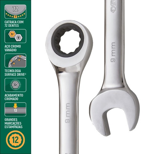 Chave combinada com catraca 9 mm aço cromo vanádio - ST43202ST Chave combinada com catraca 9 mm aço cromo vanádio - ST43202ST